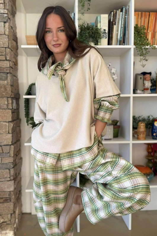 Agnes Plaid Brushed Cotton Neckerchief Blouse Greens